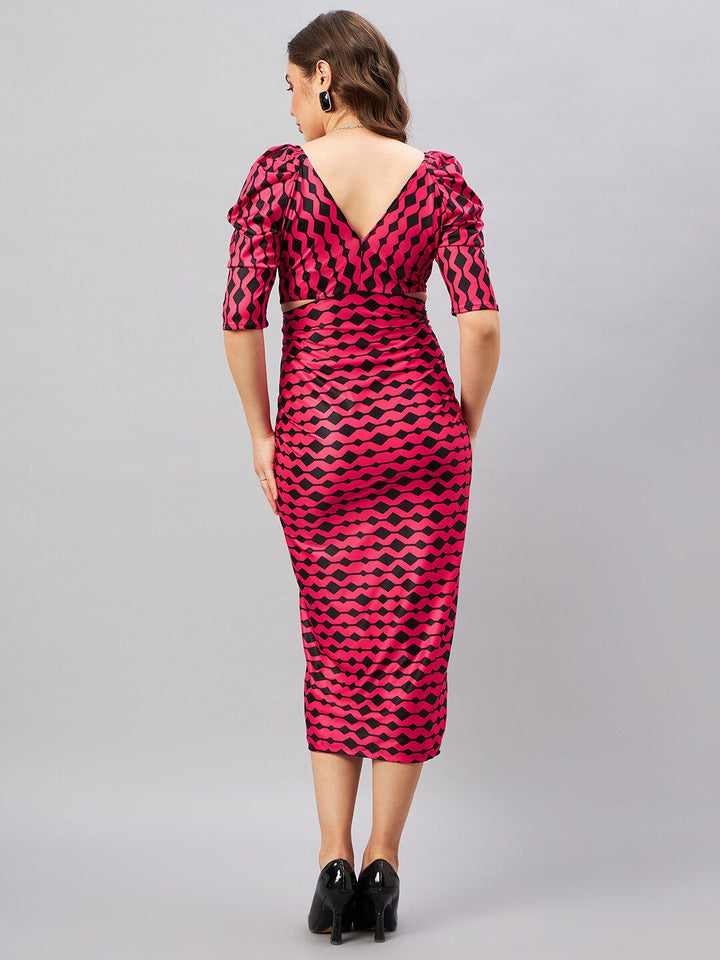 Antheaa Black & Red Abstract Printed V-Neck Puff Sleeve Sheath Midi Dress