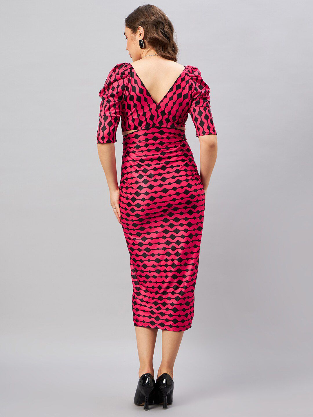 Antheaa Black & Red Abstract Printed V-Neck Puff Sleeve Sheath Midi Dress