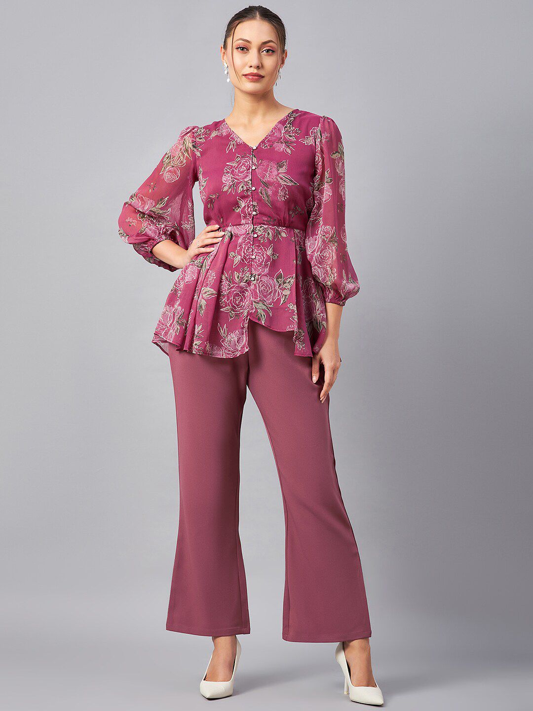 Antheaa Floral Printed V-Neck Tunic With Trousers