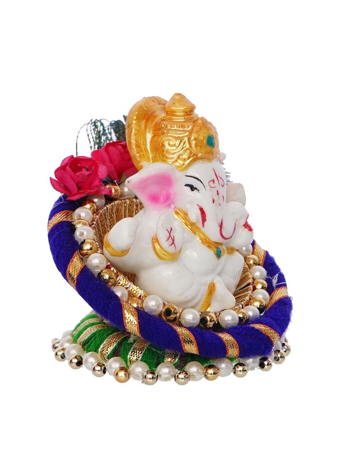 eCraftIndia Blue & White Handcrafted Lord Ganesha Idol on Floral Plate with Peacock Feather Decorative Showpiece