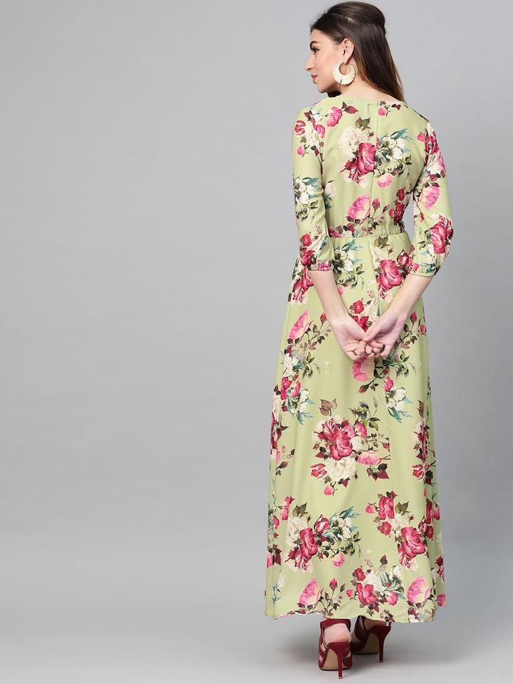 SASSAFRAS Lime Green & Pink Floral Printed Maxi Dress