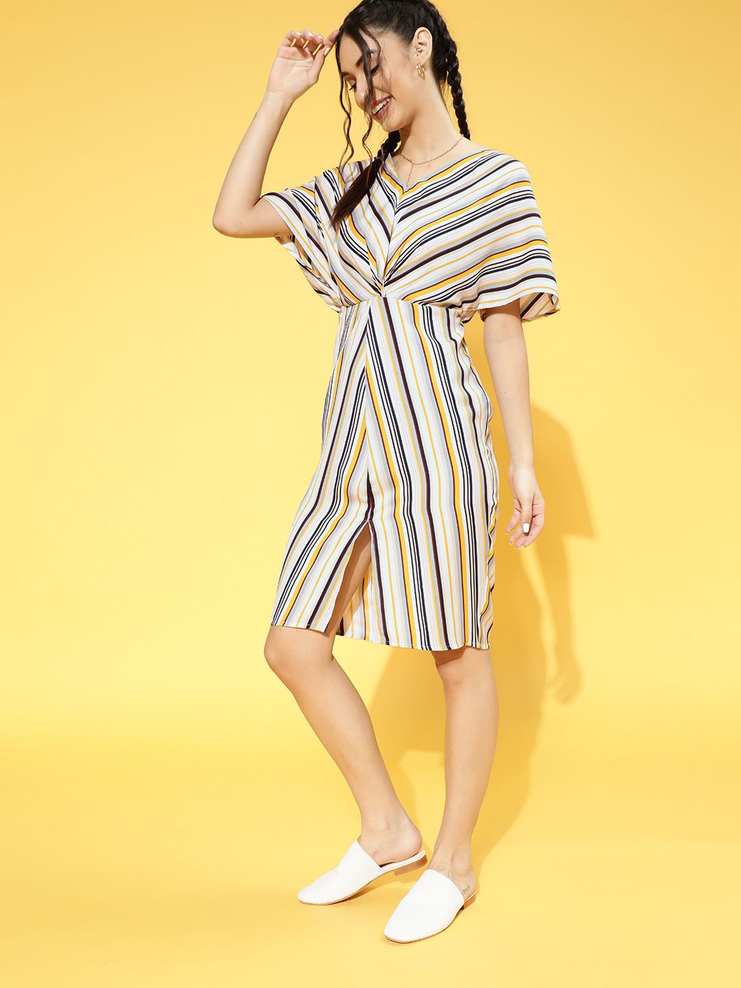 Berrylush Women Yellow & White Striped A-Line Dress with a Front Slit