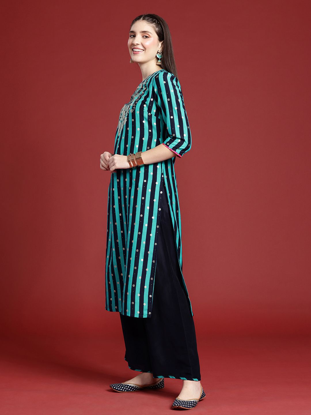 Anouk Striped Kurta with Palazzos & Dupatta