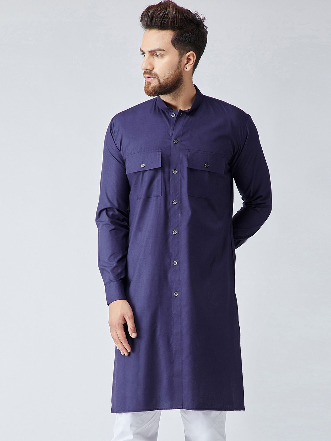 SOJANYA Men Navy Blue Solid Pathani Kurta