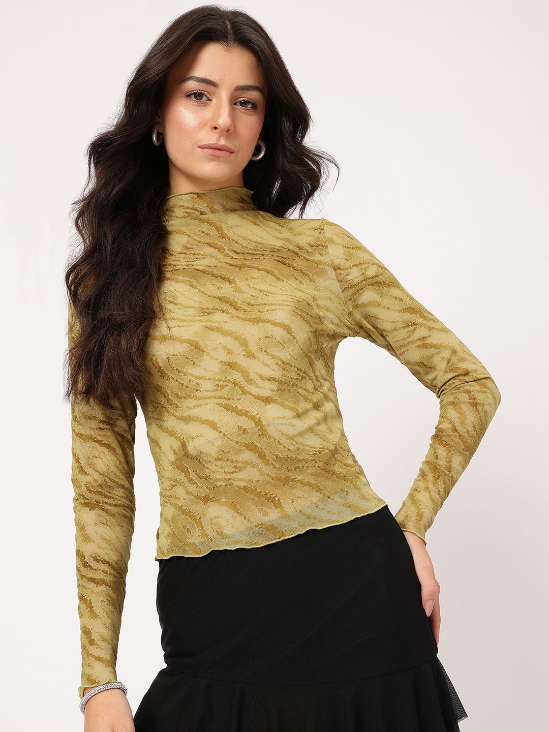 DressBerry Y2K Glam Animal Textured Jacquard Semi Sheer Top
