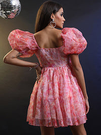 Tokyo Talkies Floral Printed Puff Sleeves Gathered Detail Fit & Flare Dress