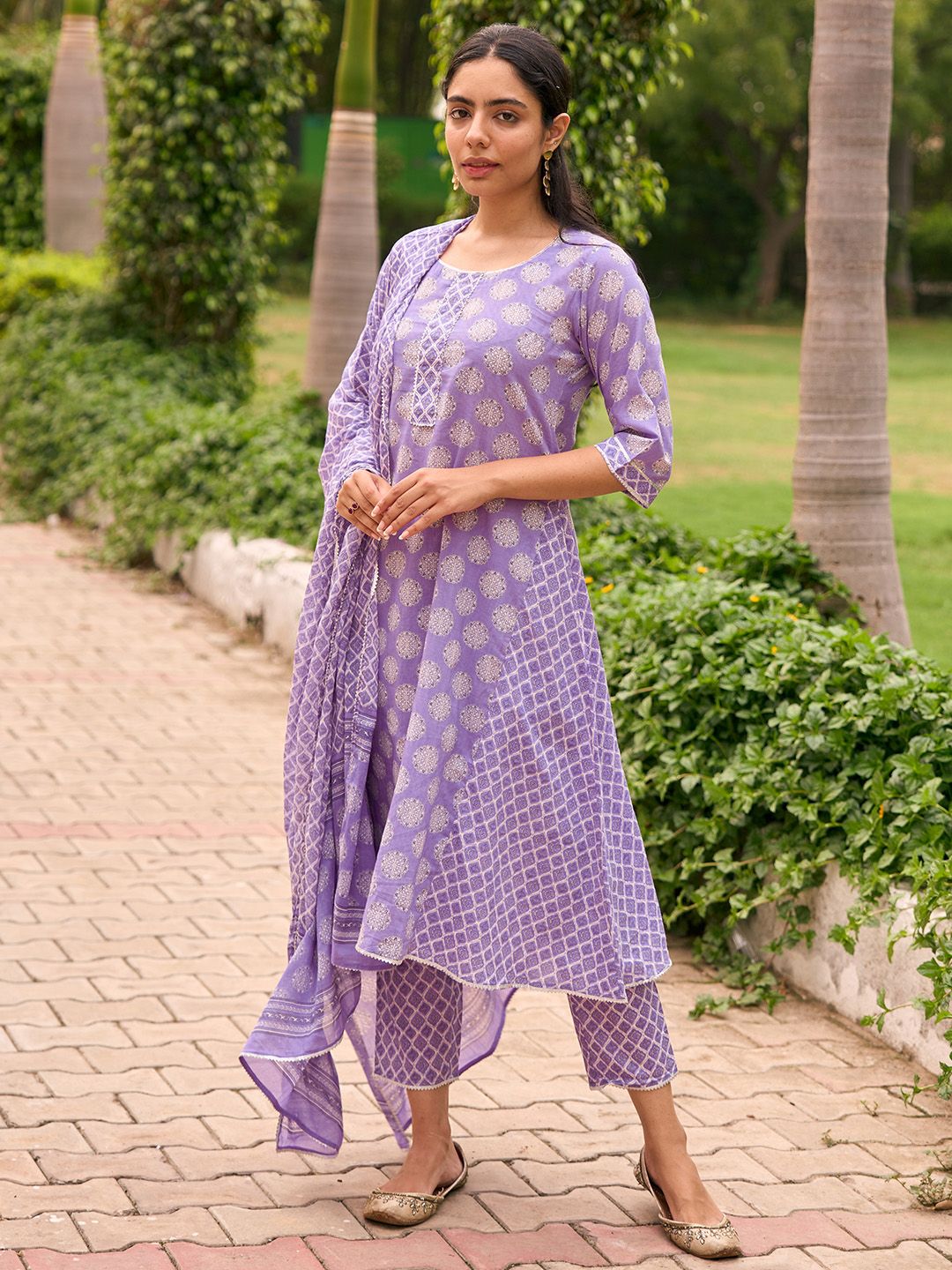 Libas Ethnic Motifs Printed A-Line Pure Cotton Kurta with Trousers & Dupatta