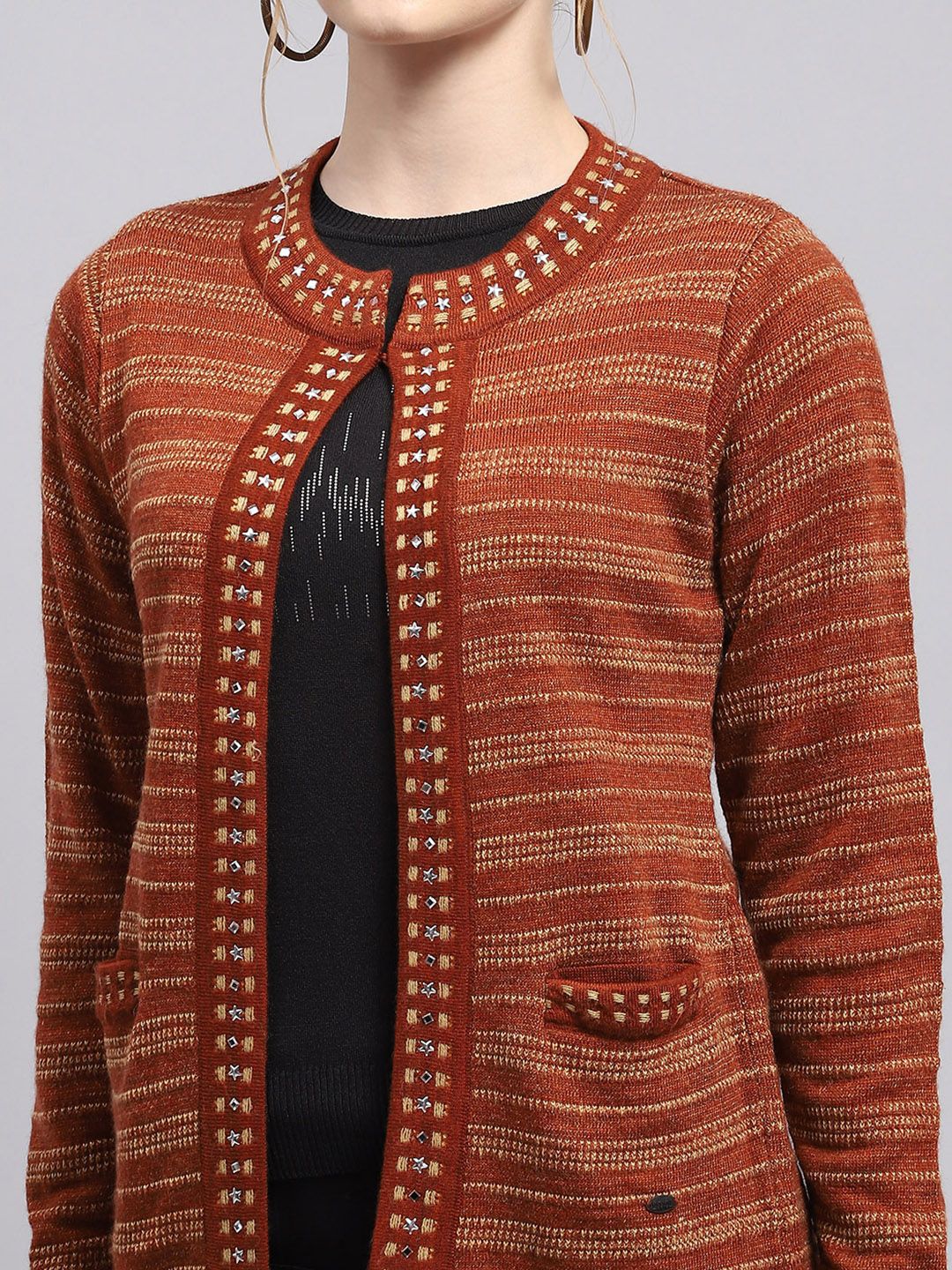 Monte Carlo Self Striped Front Open Cardigan Sweater With Embellished Detail