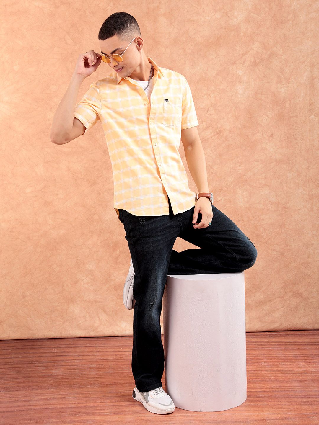 The Indian Garage Co Men Orange Checked Casual Shirt