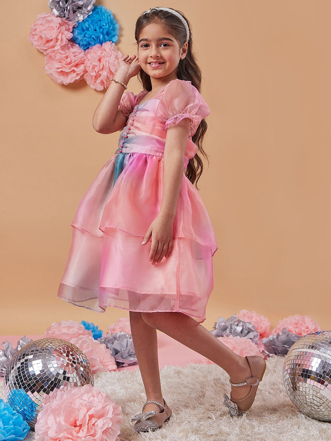 pspeaches Girls Square Neck Short Puff Sleeves Fit & Flare Dress
