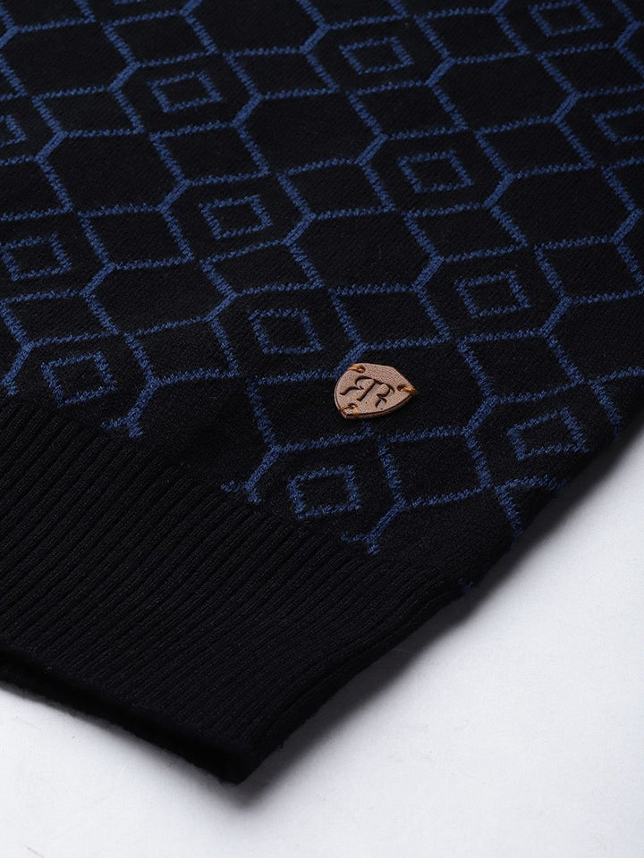 Raymond Men Black & Blue Geometric Woolen Pullover
