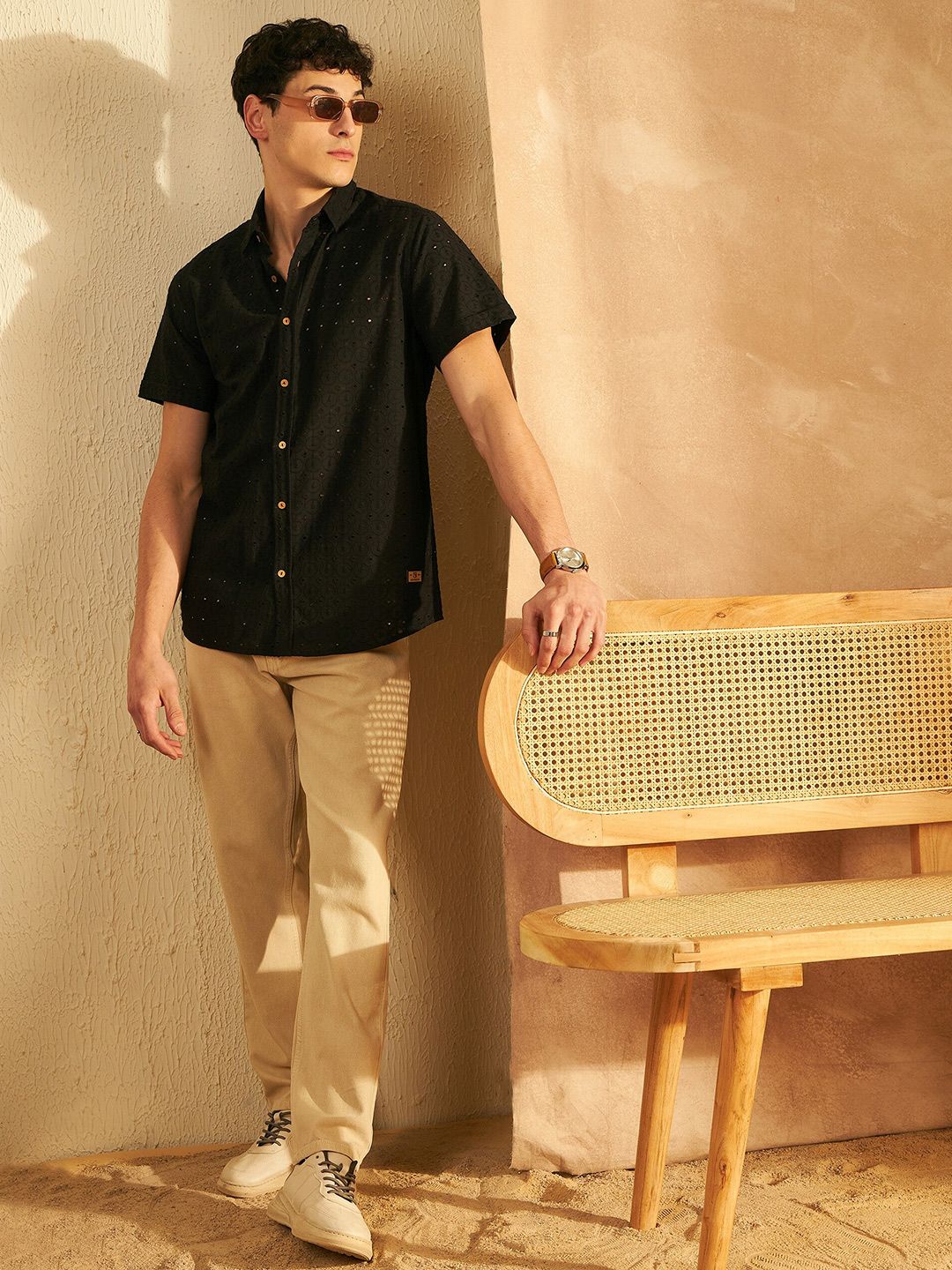 DENNISON Smart Self Black Design Spread Collar Schiffli Cotton Oversized Casual Shirt