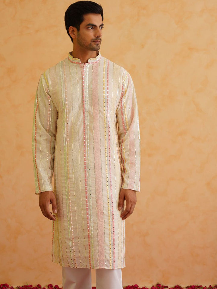 SOJANYA LUXE Striped Embroidered Mandarin Collar Mirror Work Kurta with Pyjamas