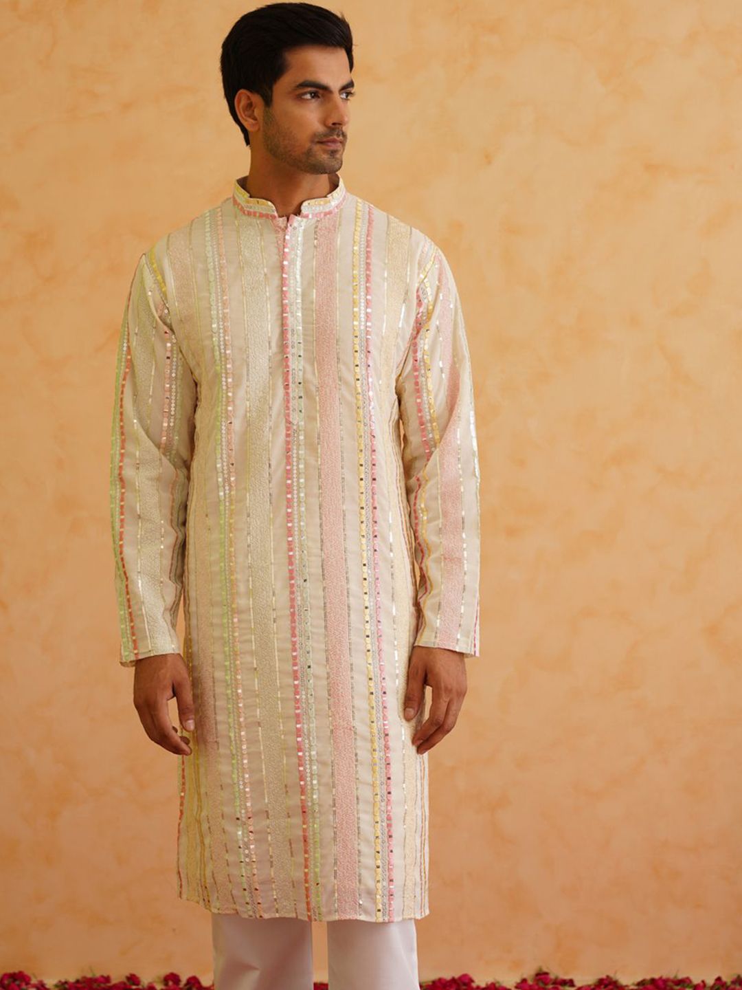 SOJANYA LUXE Striped Embroidered Mandarin Collar Mirror Work Kurta with Pyjamas