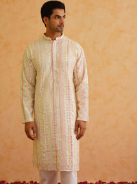 SOJANYA LUXE Striped Embroidered Mandarin Collar Mirror Work Kurta with Pyjamas