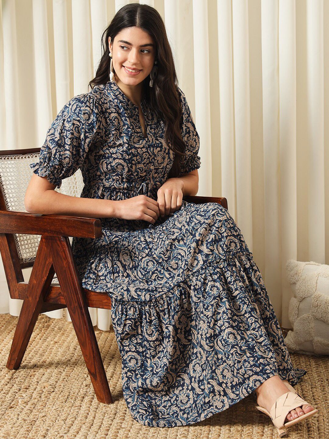 KALINI Floral Printed Mandarin Collar Puff Sleeves Cotton Fit and Flare Dress
