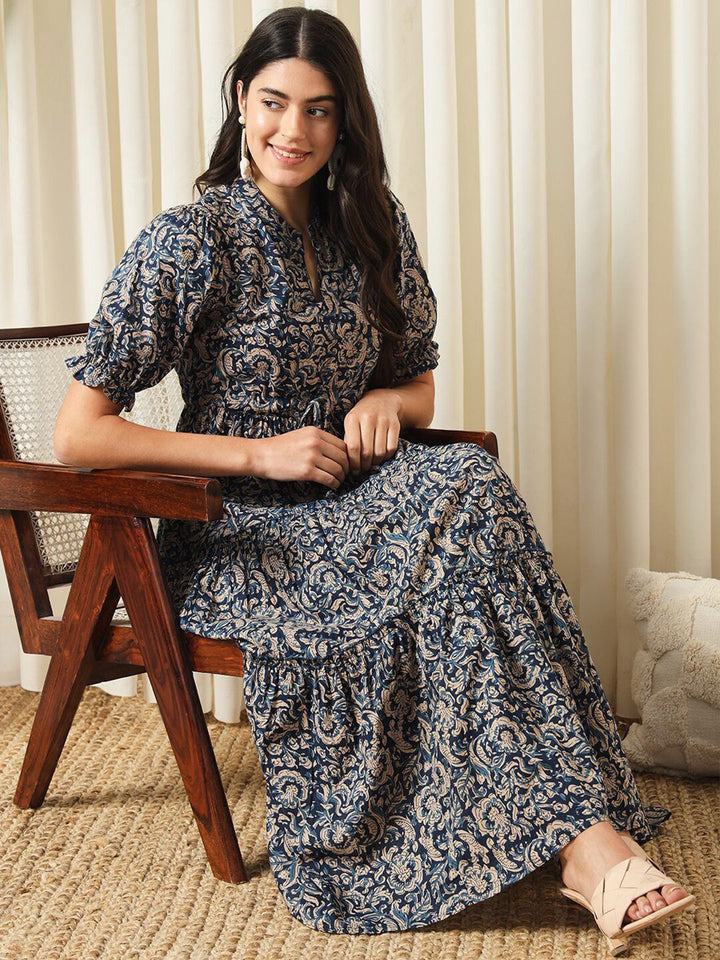 KALINI Floral Printed Mandarin Collar Puff Sleeves Cotton Fit and Flare Dress