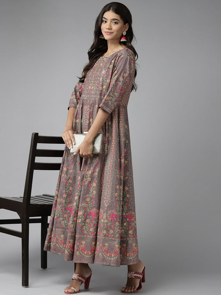 W Women Brown & Pink Ethnic Motifs Printed A-Line Maxi Dress