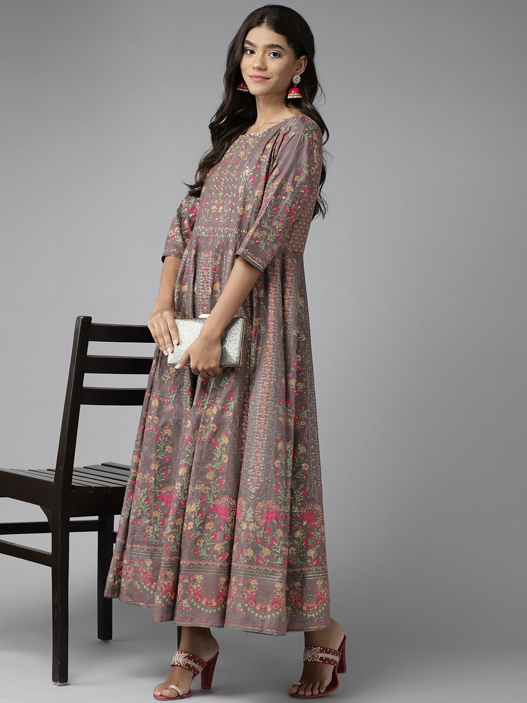 W Women Brown & Pink Ethnic Motifs Printed A-Line Maxi Dress