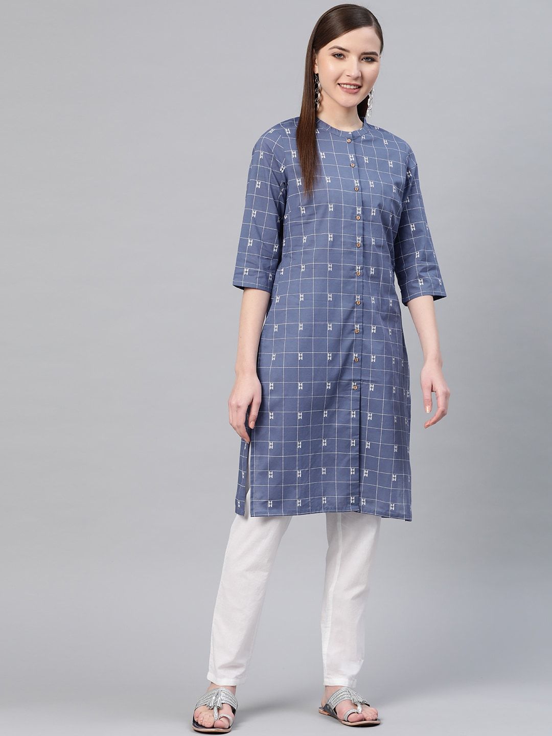 W Women Checked & Printed Cotton Straight Kurta
