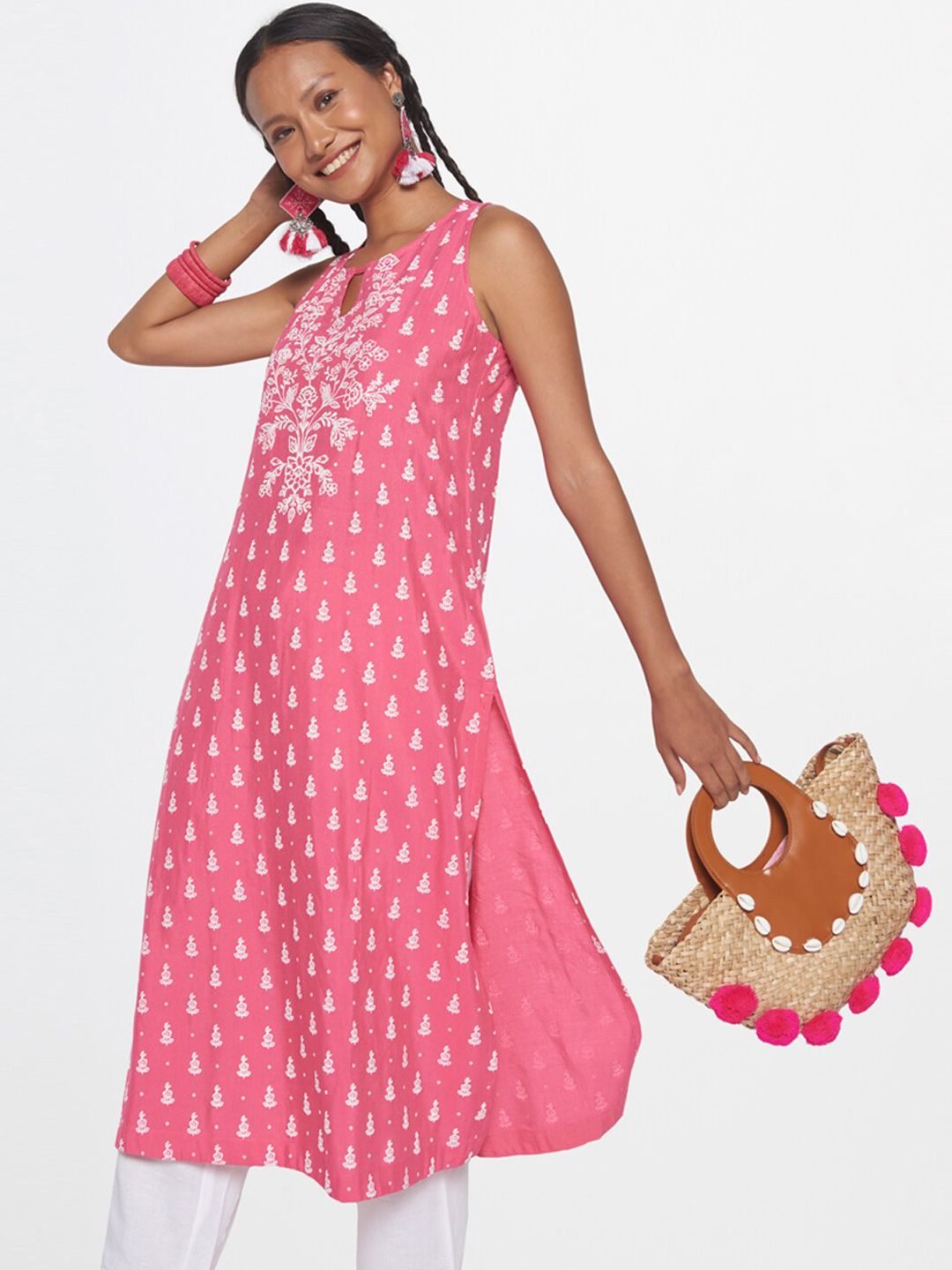 Global Desi Floral Embroidered Keyhole Neck Straight Kurta