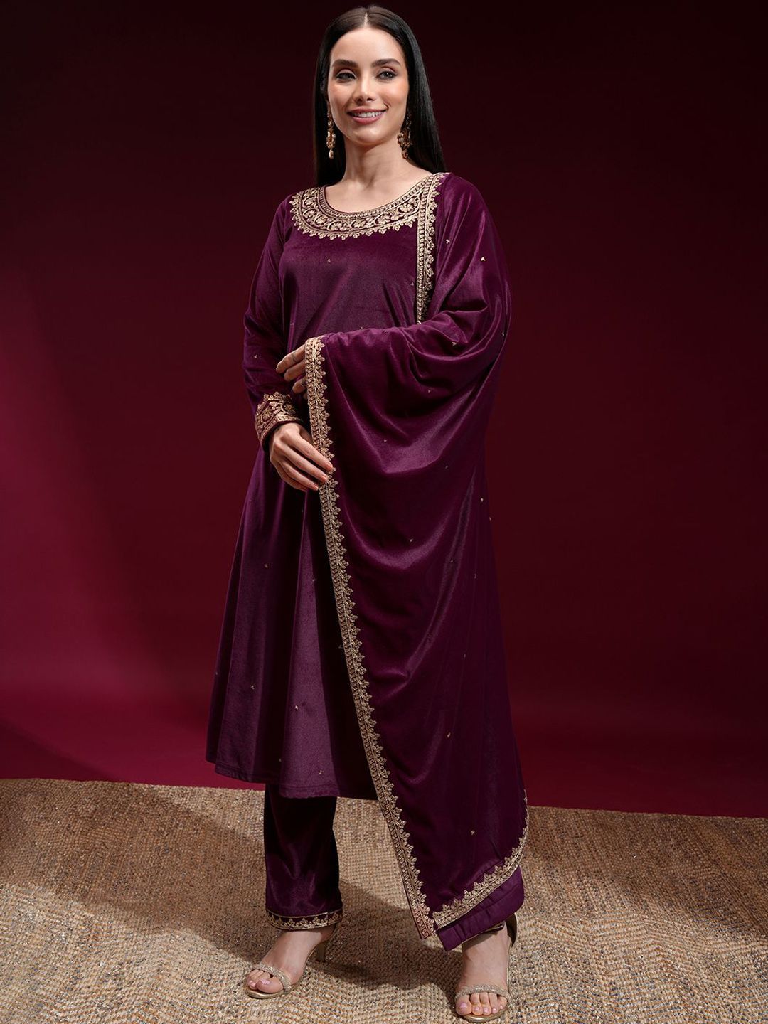 Vishudh Women Embroidered Velvet Straight Kurta with Slim Pants and Dupatta