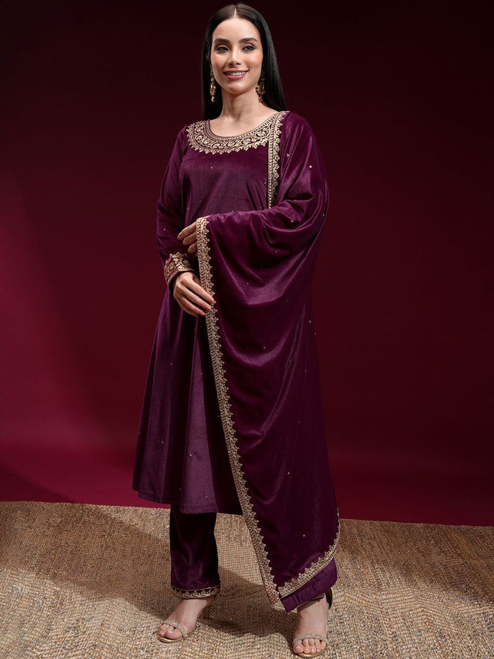 Vishudh Women Embroidered Velvet Straight Kurta with Slim Pants and Dupatta