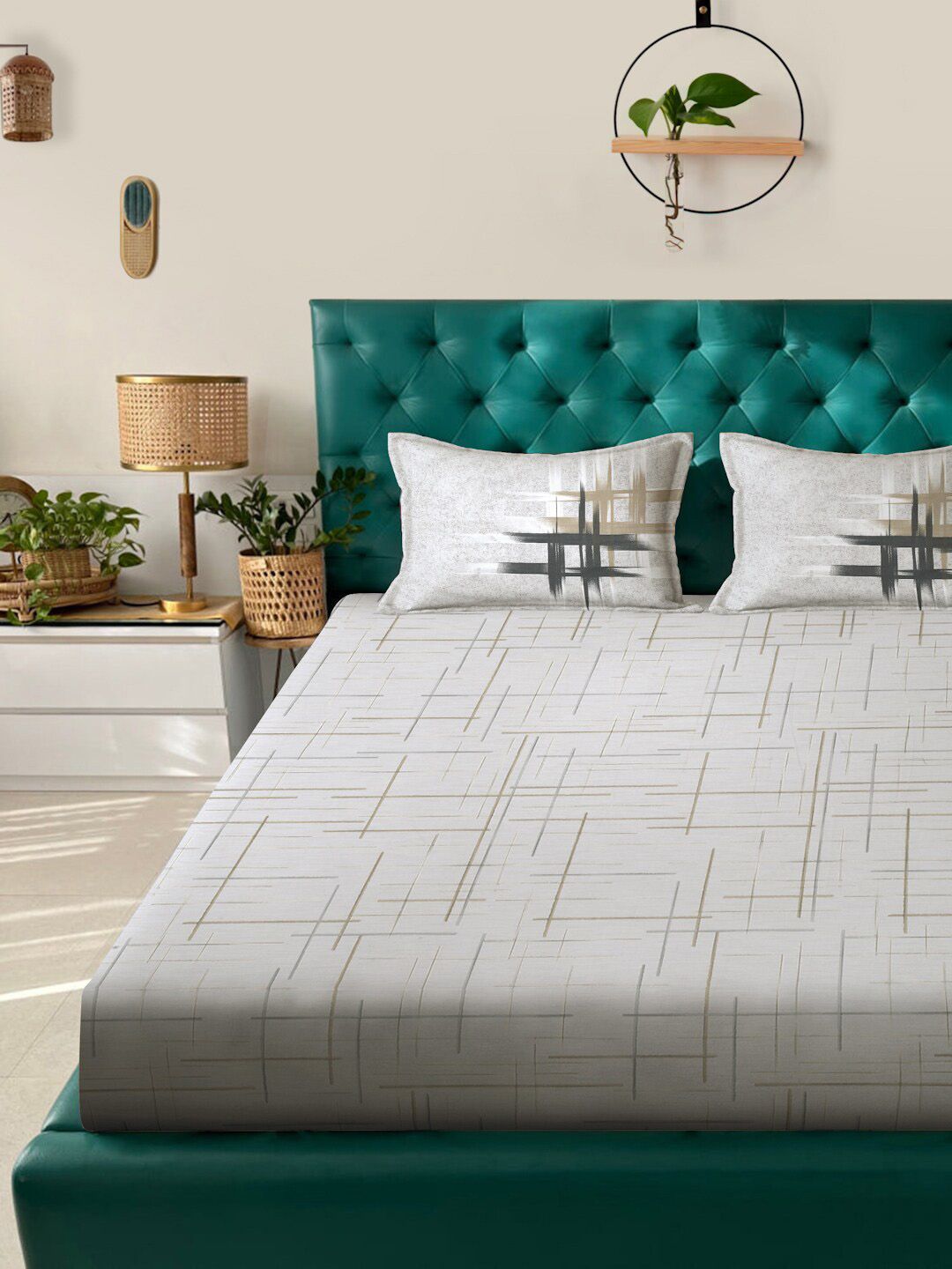 KLOTTHE Printed 400 TC Pure Cotton Fitted Super King Double Bedsheet & 2 Pillow Covers