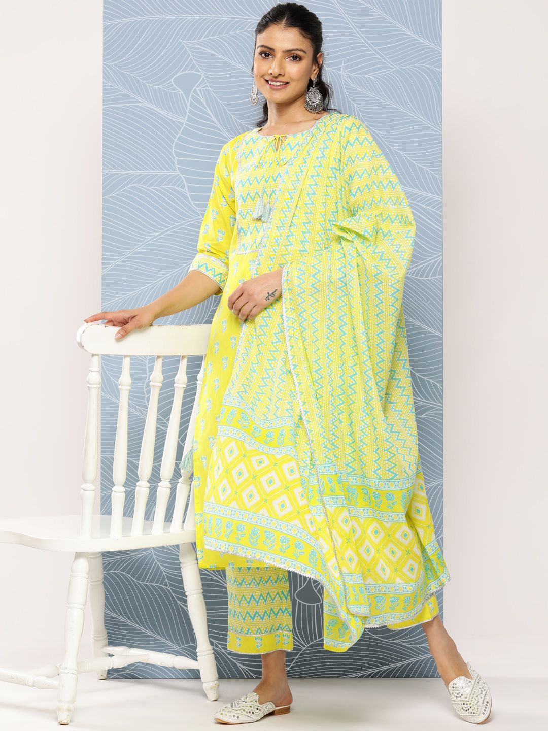 Libas Floral Yoke Design Gotta Patti Pure Cotton Kurta With Trousers & With Dupatta