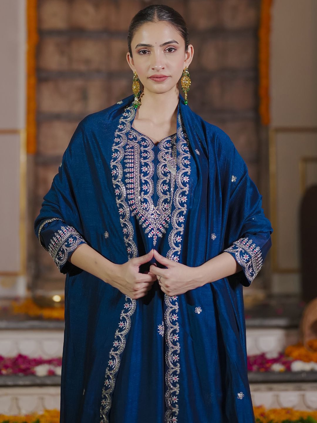 Indo Era Women Ethnic Motifs Embroidered Regular Kurta with Trousers & With Dupatta