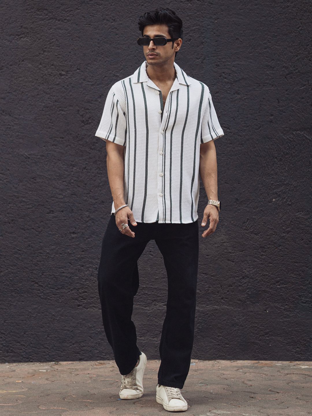 Powerlook Men Multi Stripes Opaque Striped Casual Shirt 02-1039020-S-White and Green