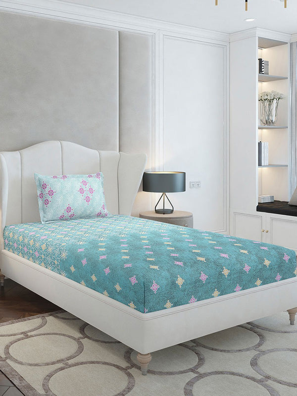 Monte Carlo Sea Green & Pink Printed 144 TC Single Bedsheet Set 2.29 m x 1.52 m