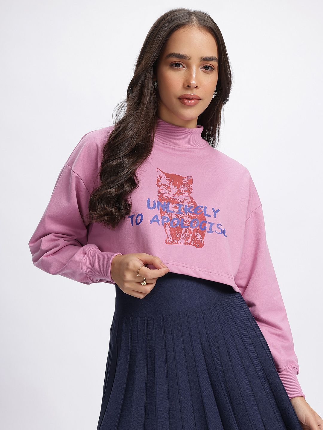 DressBerry Printed High Neck Boxy Crop Sweatshirt
