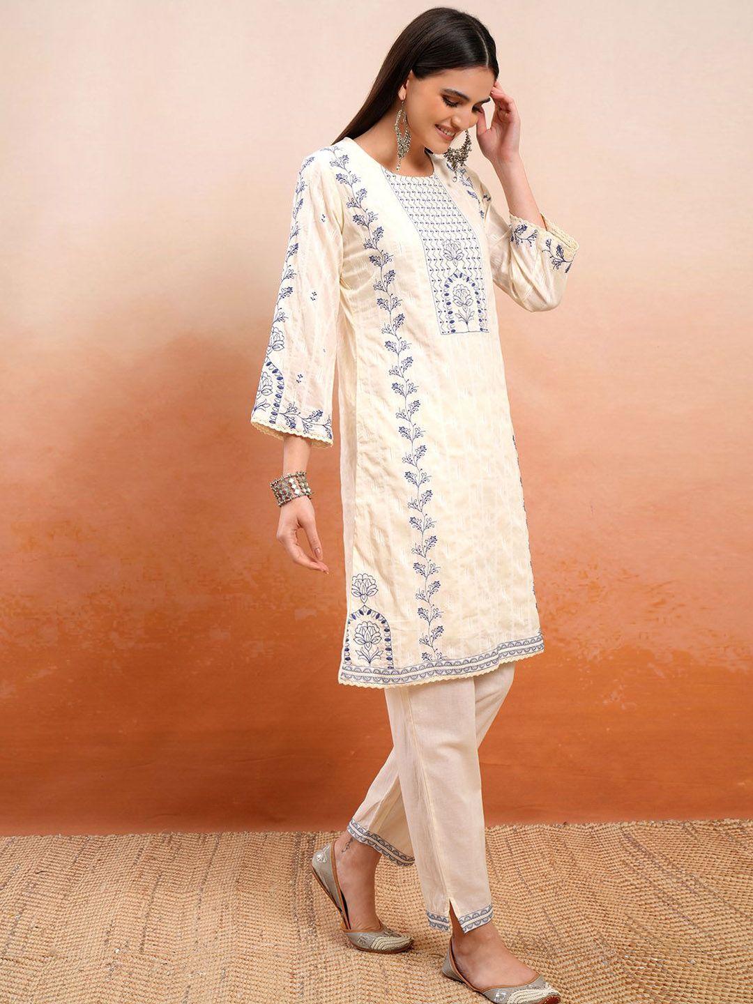 Vishudh Cream Coloured Embroidered Pure Cotton Straight Kurta With Trousers & Dupatta