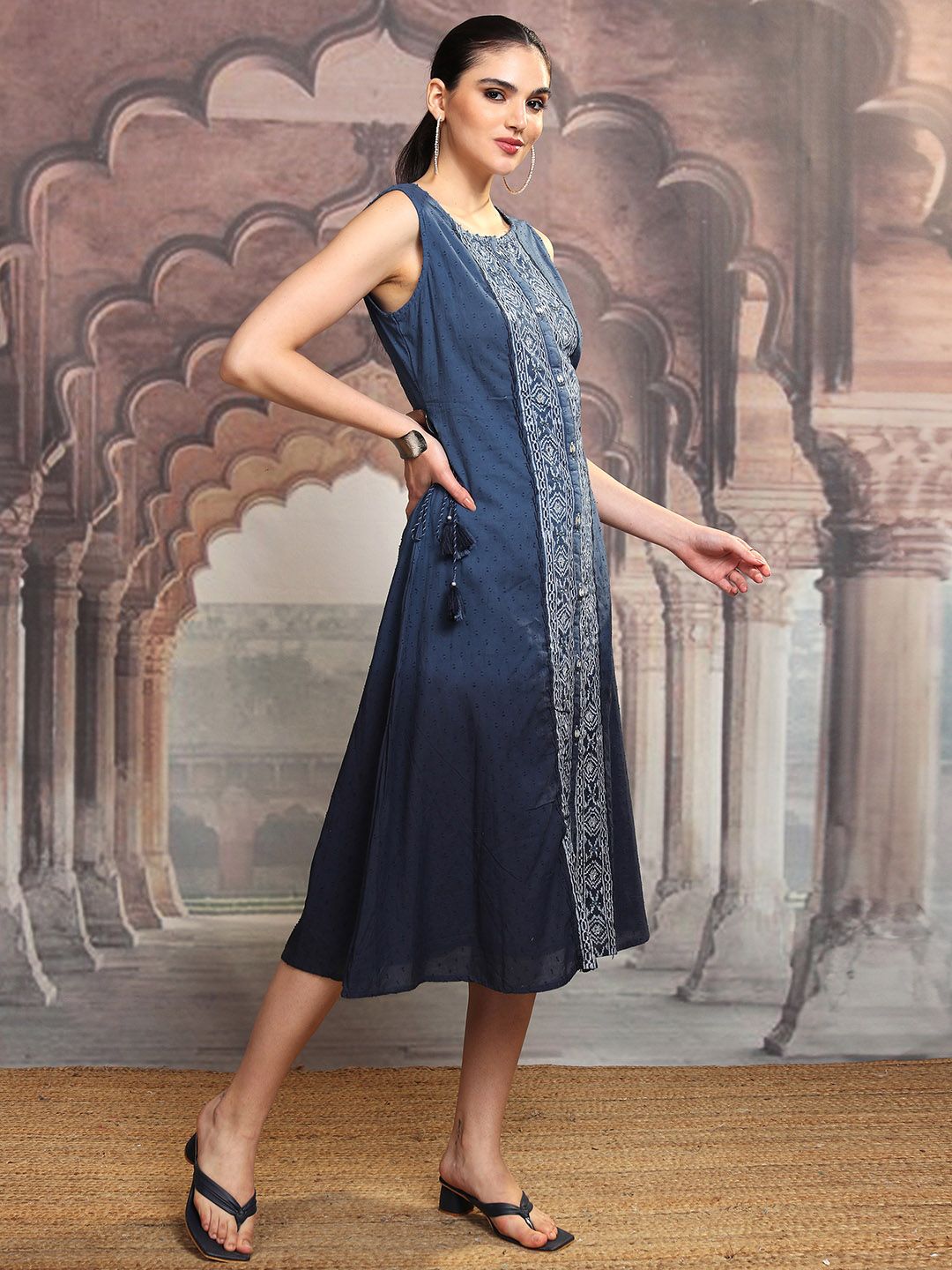 Vishudh Geometric Printed Embroidered Cotton Midi A-Line Dress