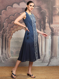 Vishudh Geometric Printed Embroidered Cotton Midi A-Line Dress