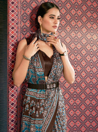 Saree mall Brown & Teal Ajrak Poly Crepe Block Print Sarees