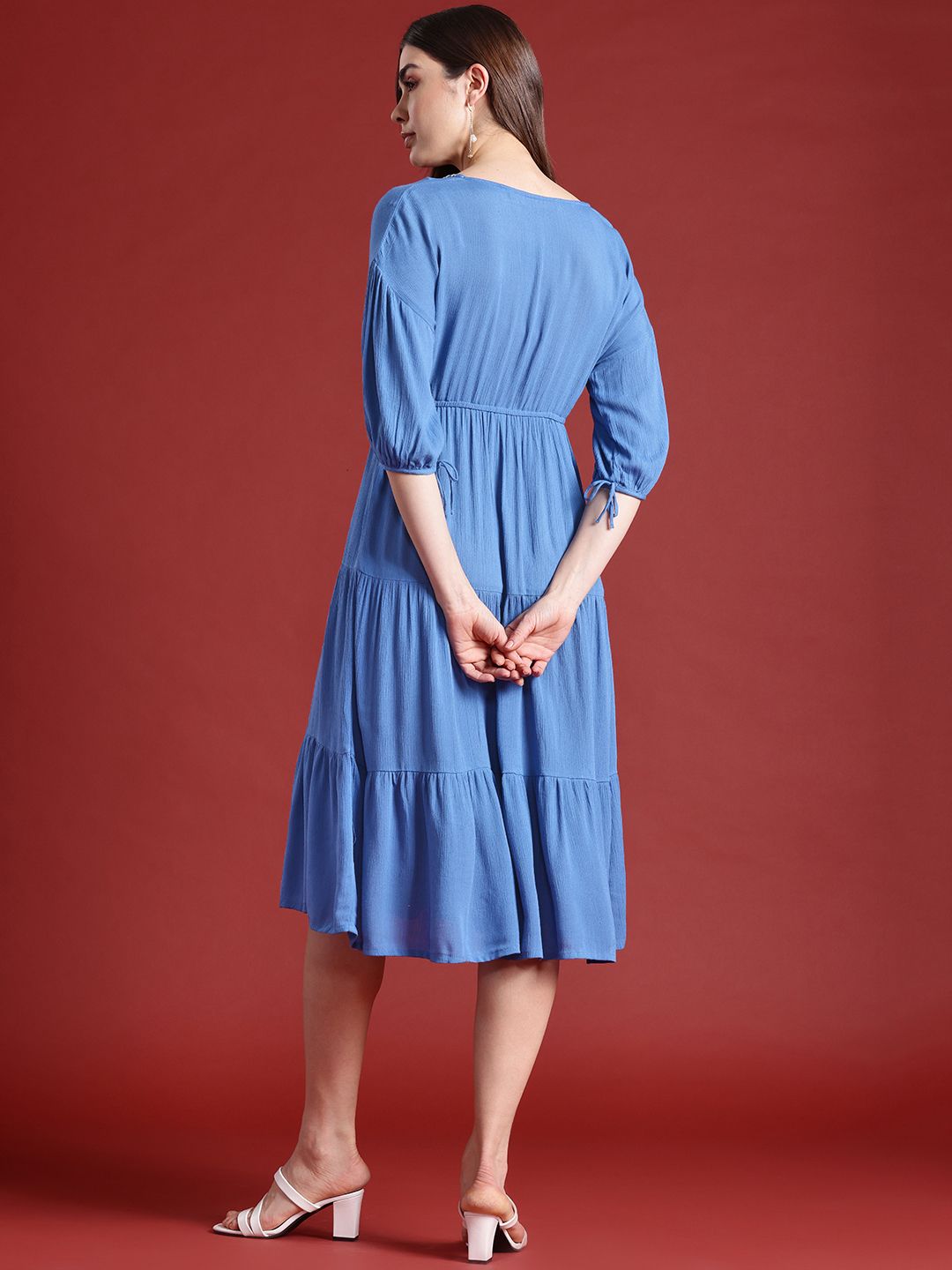 all about you Puff Sleeves Tiered Midi Wrap Style Dress