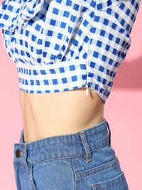 SASSAFRAS Women Blue & White Checked Ruffles Fitted Crop Top