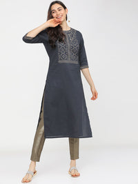 Vishudh Women Navy Blue Ethnic Motifs Yoke Design Flared Sleeves Mirror Work Kurta