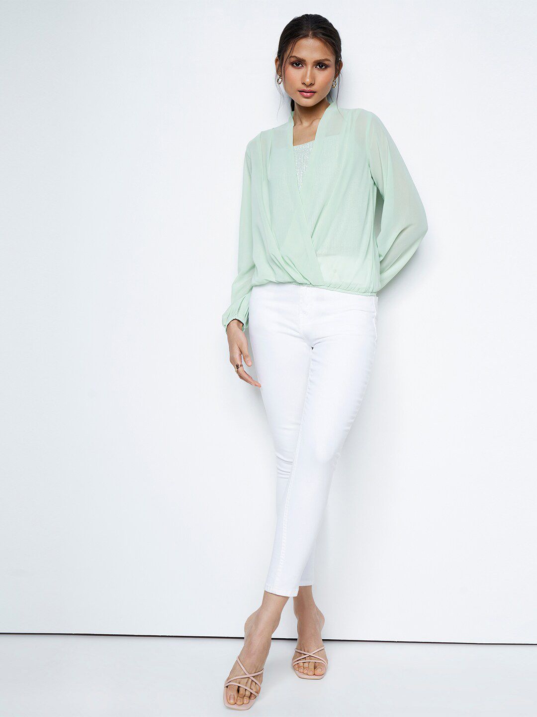 AND Embellished Puff Sleeves Gathered Detailed Wrap Top