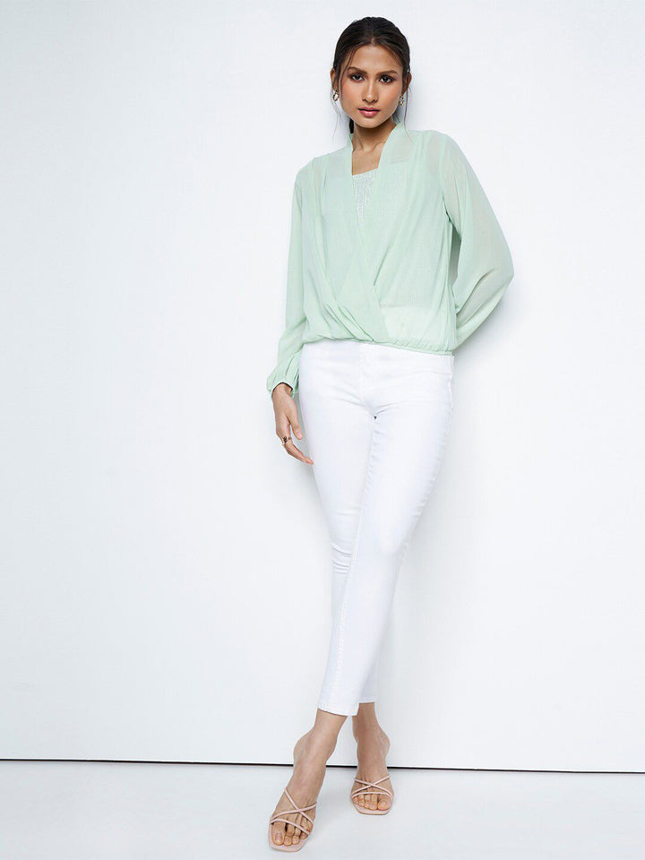 AND Embellished Puff Sleeves Gathered Detailed Wrap Top