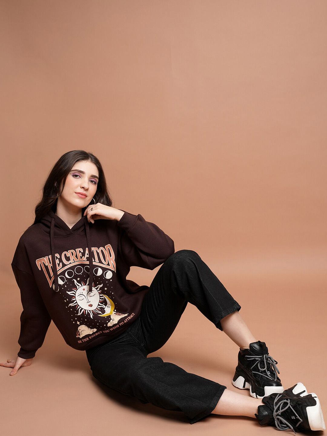 Tokyo Talkies Brown Graphic Printed Hooded Oversized Sweatshirt