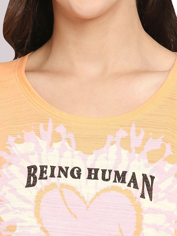 Being Human Women Orange Printed Extended Sleeves Cotton T-shirt