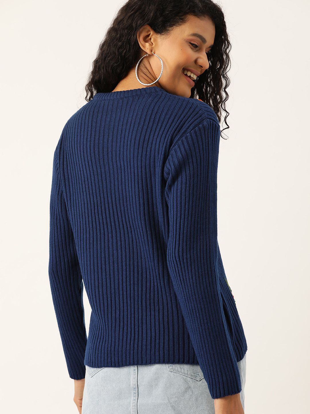 DressBerry Women Navy Blue Ribbed Ribbed Embroidered Sweater