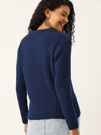 DressBerry Women Navy Blue Ribbed Ribbed Embroidered Sweater