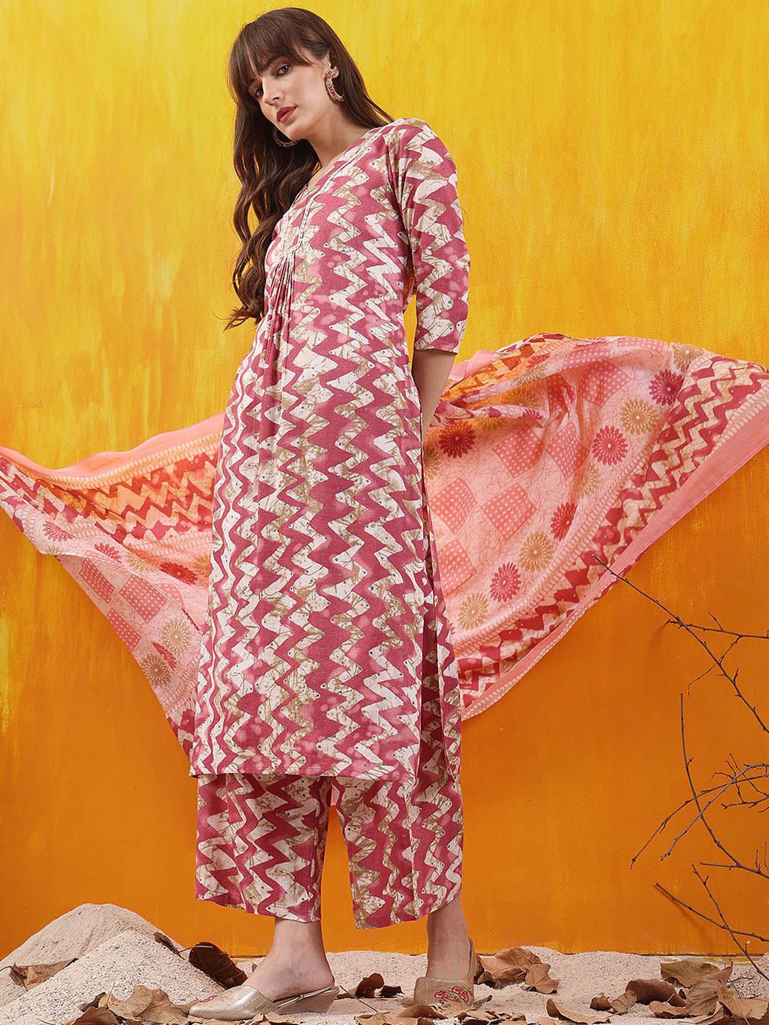 KALINI Chevron Printed V-Neck Straight Kurta With Palazzo And Dupatta