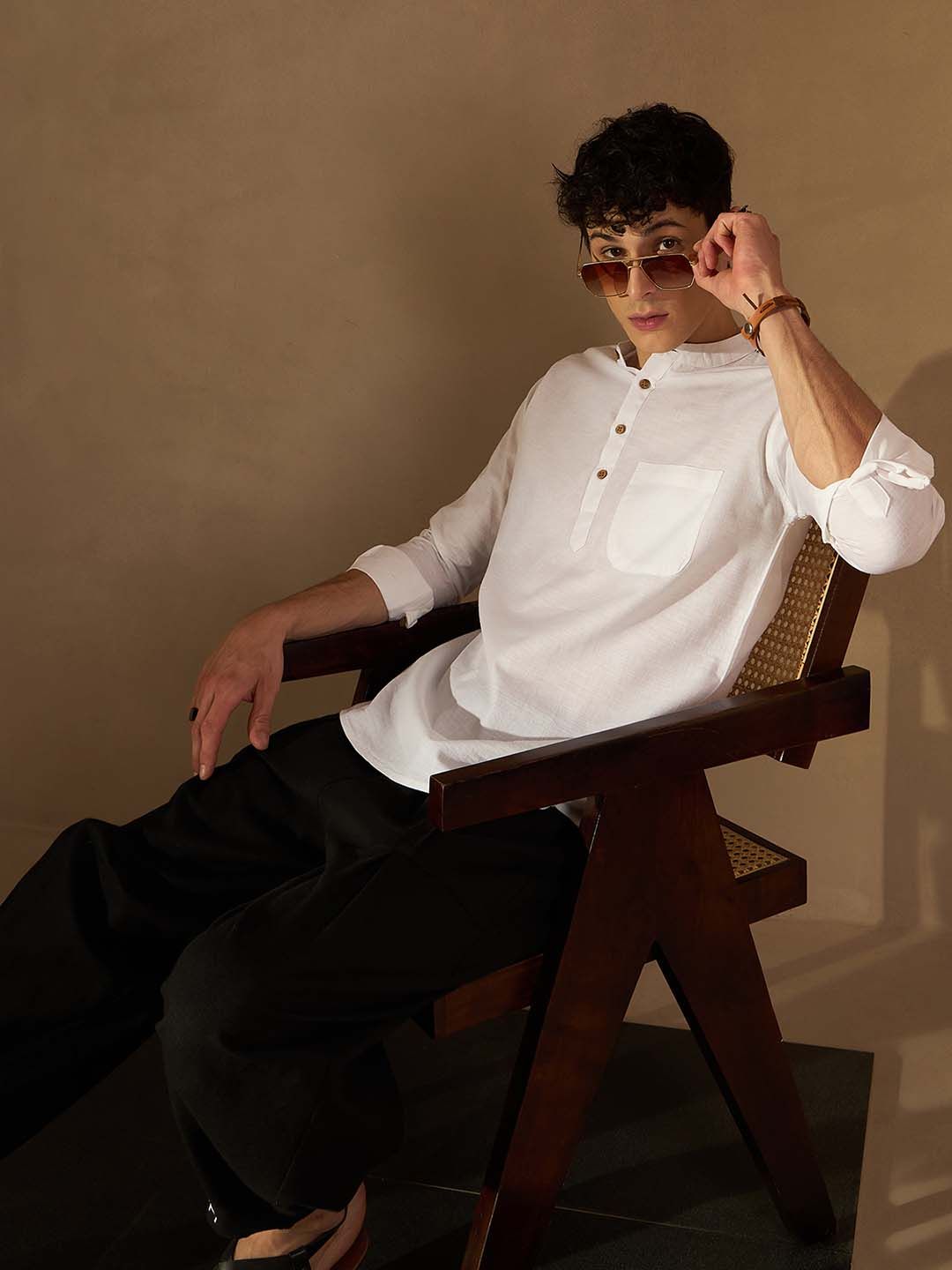 DENNISON Men White Solid Straight Pure Cotton Short Kurta