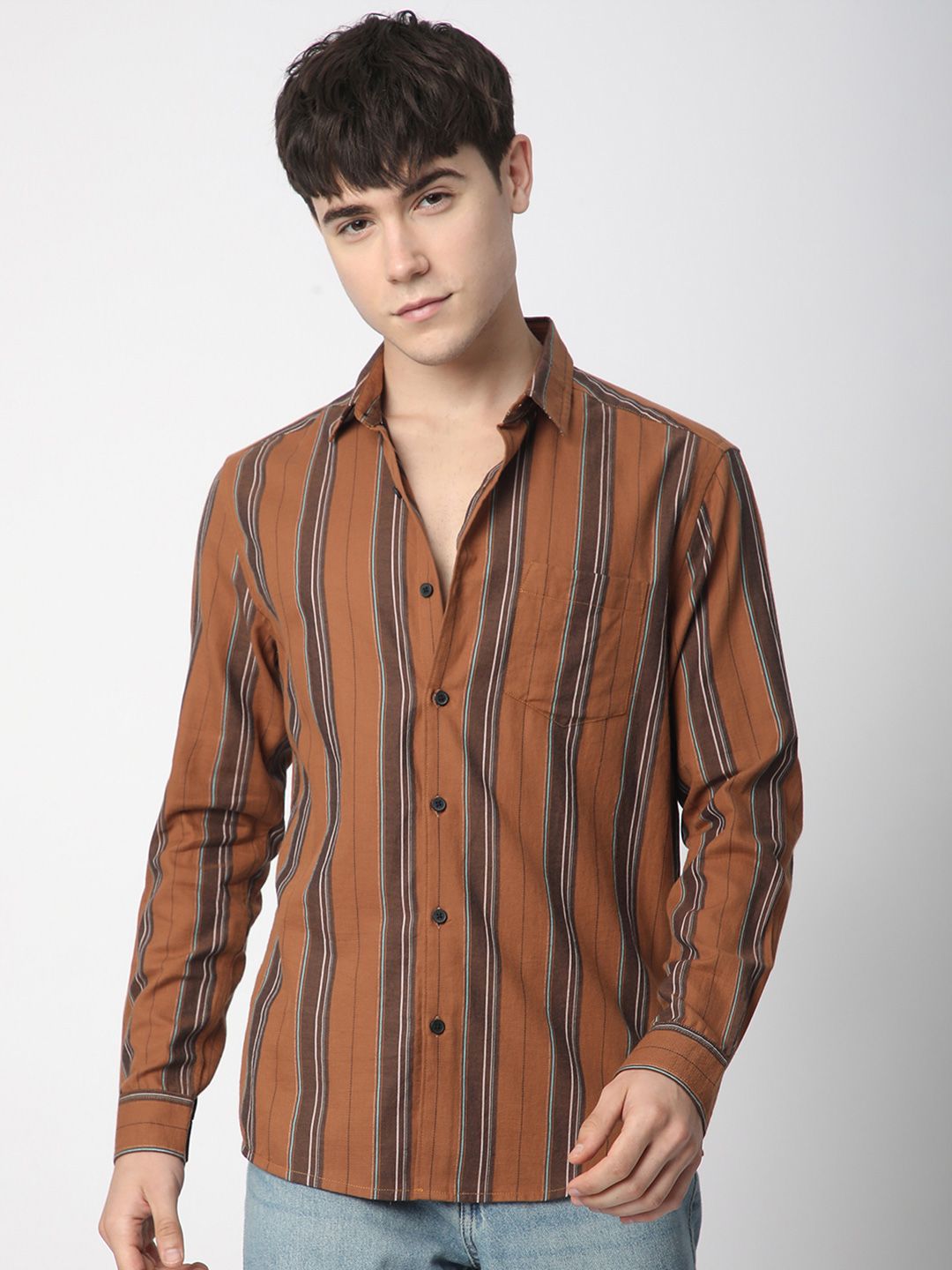 VASTRADO Men Classic Fit Spread Collar Vertical Striped Cotton Casual Shirt