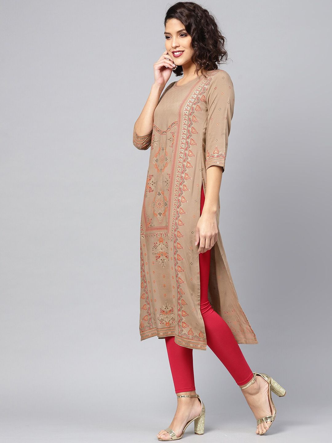 Libas Women Beige Ethnic Motifs Printed Kurta